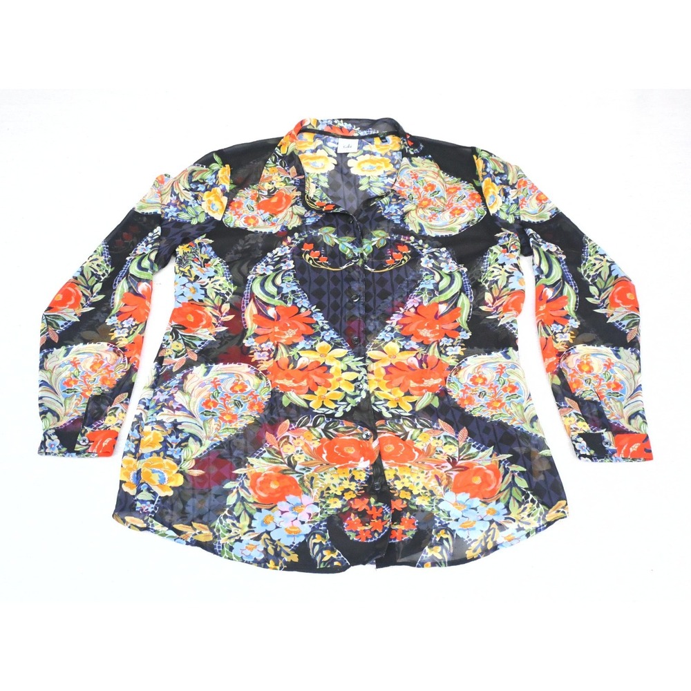 Cabi Womens L Sheer Chiffon Blouse Black Floral Paisley Button Up Long Sleeve
